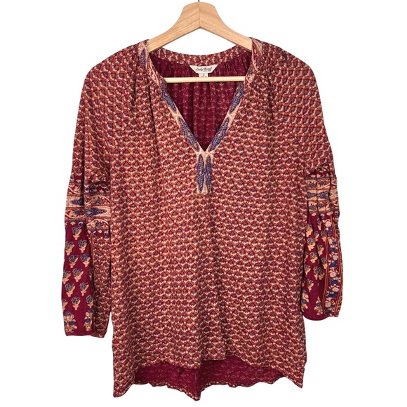 Lucky Brand Tops - Lucky Brand Womens Burgundy Red Embroidered V-Neck Peasant Top Long Sleeve Small